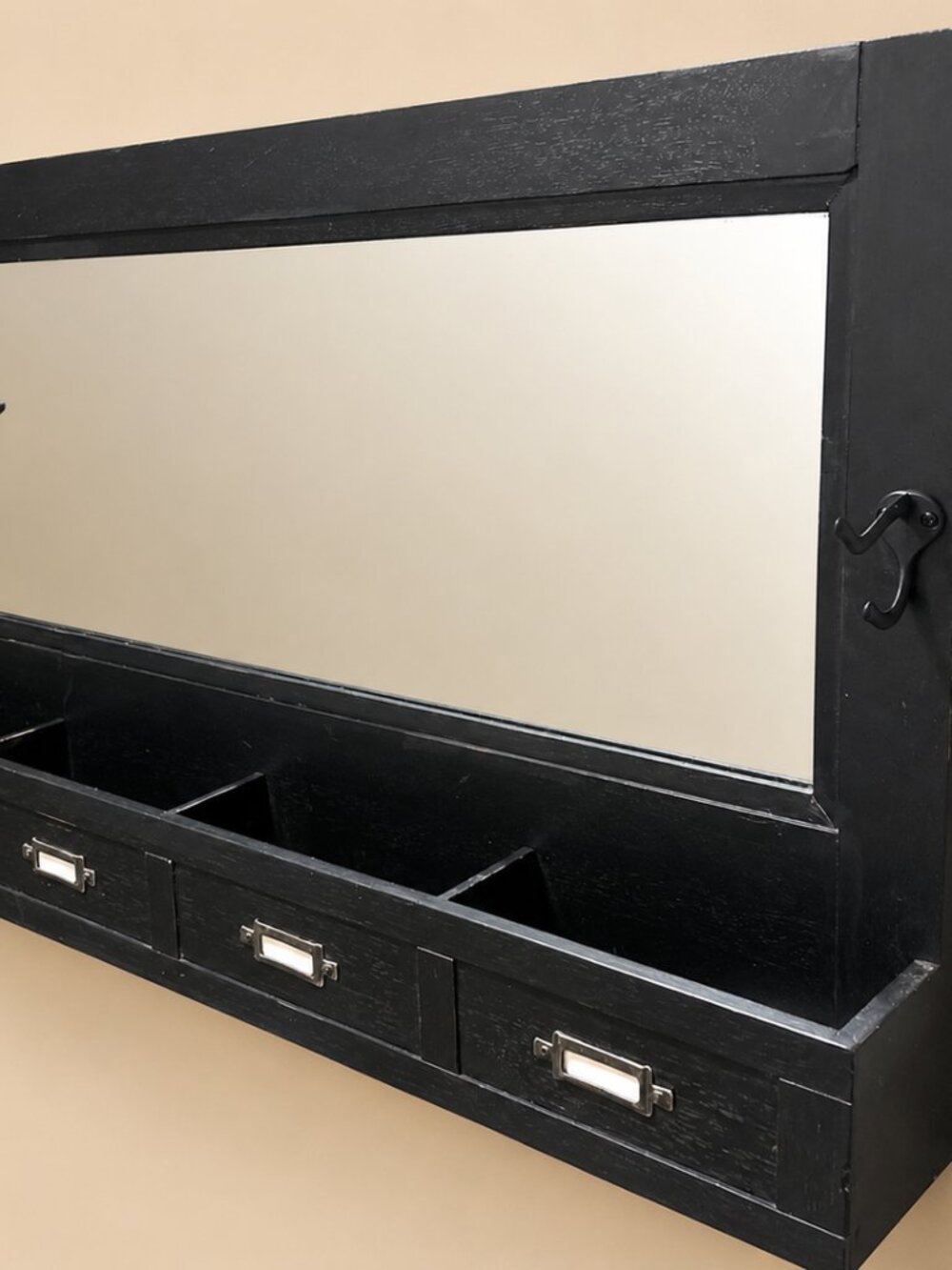 Vintage Black Wall Mirror Organizer Entryway Cubby Shelf Industrial Farmhouse